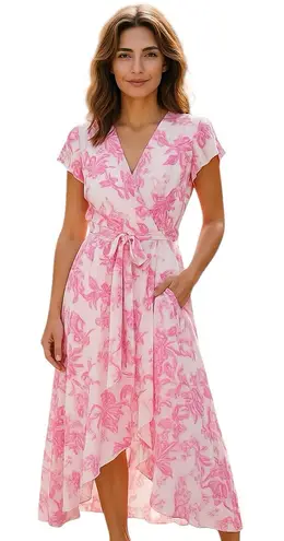 Eliza J Pink Floral Ruffle Midi Dress NWT Size 10 – High-Low Hem & Tie Waist
