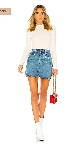 Milla Embellished Crystal & Pearls Raw Hem Frayed Mini Denim Skirt Jean Skirt in Solstice Blue Size M