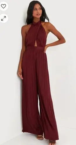 Lulu’s Confident Impression Burgundy Satin Pleated Halter Jumpsuit Size M