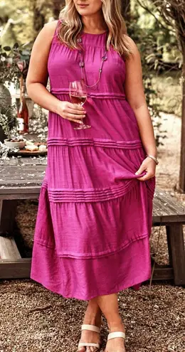 J.Jill pleated tiered midi dress rasberry size M Pink Size M