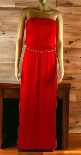 Cache  Strapless Red Orange Textured Slit Sides Belted Maxi Dress Womens Small