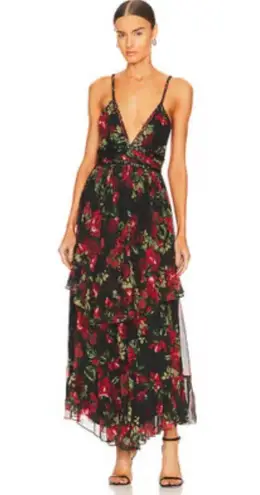 Rococo Sand Tiered Maxi Dress, Black Red Roses, Size XS New w/Tag $478 SOLD OUT