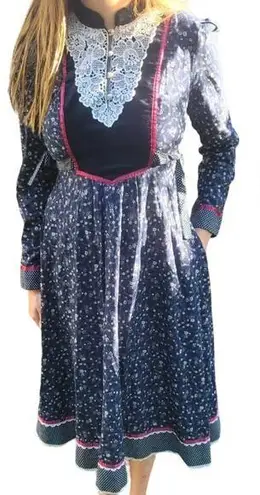 Gunne Sax Vintage 1970 Prairie Midi Dress Floral Lace Trim Cotton Blue White 5 S