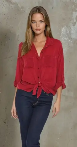 Maven West NWT Cargo Dark Red Silky Cupro Button Down Shirt Tie Front Medium