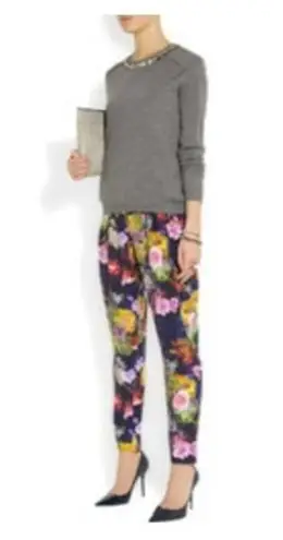 Matthew Williamson Blue Purple Pink Floral Silk Print Rose Gold Zipper Pants 6