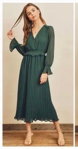 ZARA  Jamilla Chiffon Pleated Midi Dress Green Size XS Vneck Sheer Balloon Sleeve