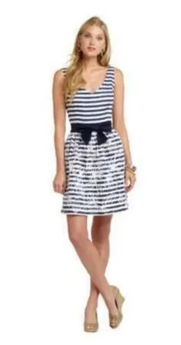 Lilly Pulitzer  Womens Roswell Dress Size 2 Navy Cording White Stripes Crystals