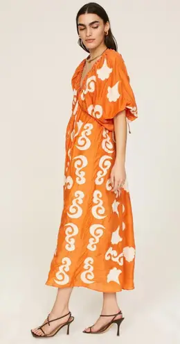 CHUFY Orange White Design Cupro Blend 3/4 Sleeves Lucia Maxi Dress Size Medium