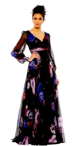 Mac Duggal NWT 67872 Black Chiffon BishopSleeve Floral Print Gown Sz 6 $598
