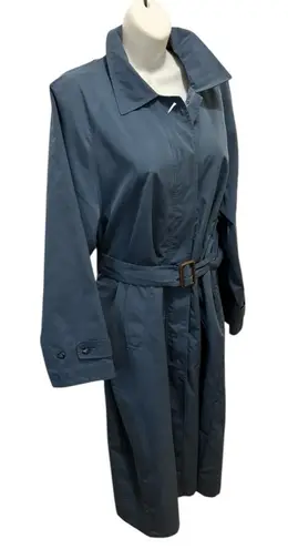 VTG L.L. Bean Traveler Belted Rain Trench Coat Dusty Blue Sz M Pockets Mid Calf Size M