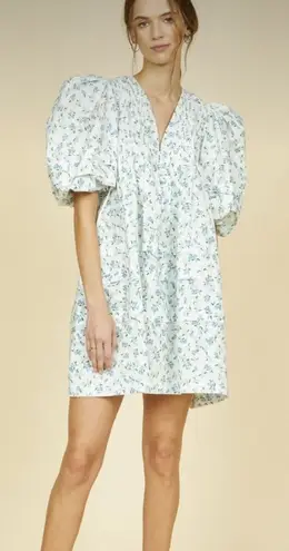 Hunter Bell Jenkins Dress Medium White Blue Green Floral Oversized Puff Sleeve