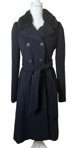 Rebecca Taylor Navy Black Wool Peacoat Faux Fur Collar Double Breasted Belt Sz 0