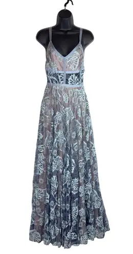 Alexis Isabella Blue Floral Lace Maxi Gown V Neck Spaghetti Straps Ribbon Small