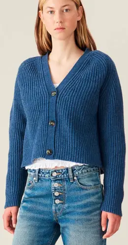 Ganni Rib Knit Cardigan Dutch Blue Boxy Wool Cropped Sweater