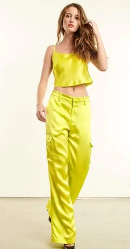 NEW SPRWMN Baggy Low Rise Silk Cargo Pants ELECTRIC CHARTREUSE Green sz XS