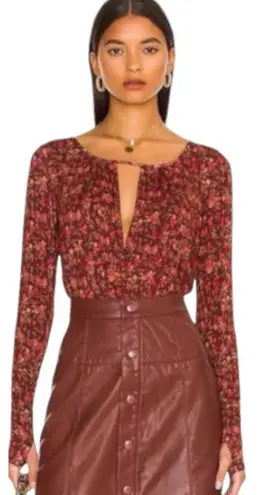 Free People Intimately Kaya Print Cutout Bodysuit Chocolate Combo Womens Medium Red