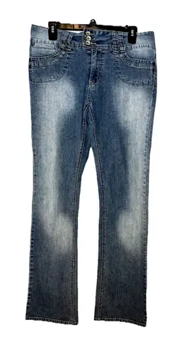 Angels Y2K Straight Leg Denim Blue Jeans Mid Rise 12 Stretch Embroidered Pockets