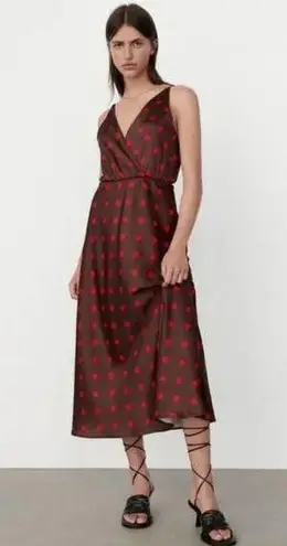 ZARA  Dress Womens X Small Brown Red Polka Dot Surplice Midi