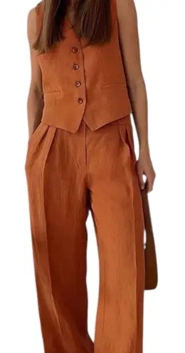 Commense Orange Vest + Pants Set Cotton Linen Two Piece Set Womens XS NWT