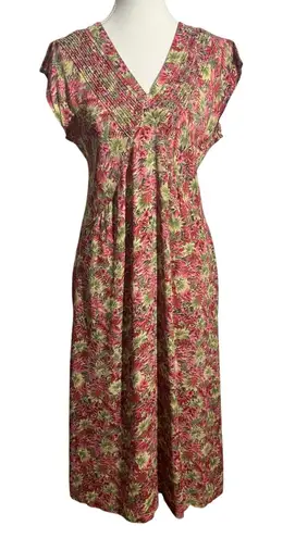 Vtg APRIL CORNELL Dress Women S Floral Beaded Midi Tie Back Boho Cottage Fairy Pink