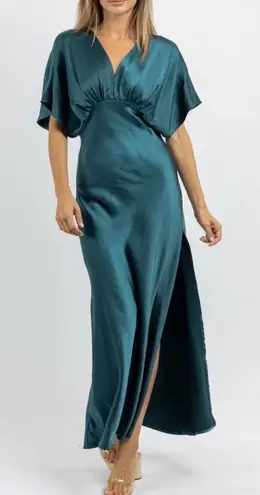 Dress Forum Womens Bat Wing Sleeve Satin Maxi Dress Deep Jasper Size Small NWT