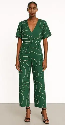 Ali Golden Women's Green Gold Silk Abstract Short Sleeve V Neck Crop Jumpsuit S