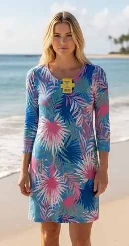 Banana Boat UPF 50 V Neck Shirt Dress Tropical Palm Print Blue Pink Size S