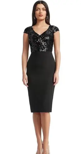 Dress the Population NWT Jaleah Black Sequin V-Neck Bodycon Midi Dress Size L