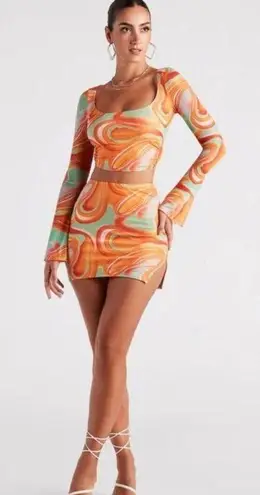 Windsor  - Funky Fresh Swirl Mesh Crop Top & Mini Skirt in Orange & Teal