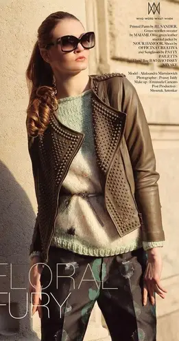 Nour Hammour Erin army green studded leather Biker jacket size FR 36 US 2 4 XS S