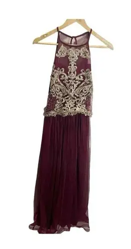 Candalite Burgundy Gold Maxi Dress Women’s S Mock Neck Floral Special Occasion