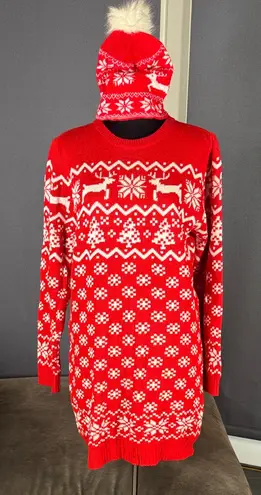 Women’s Christmas Holiday Sweater Dress and Beanie Size L Red Size L