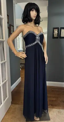 XScape Navy Chiffon Jeweled Bodice Empire A-Line strapless Evening Gown 8