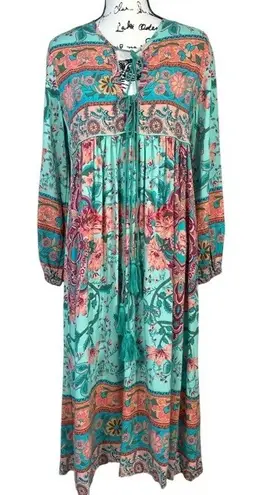 R. Vioimos Boho Maxi Dress M Turquoise Floral Paisley Tassel Tie Neck Hippie Size M