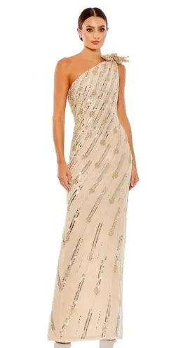 Mac Duggal 93739 Embellished Floral Detail One Shoulder Gown Nude Gold 10 $498