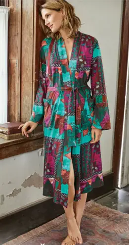 Peruvian Connection Plum Blossom Turquoise Patchwork Artisan Boho Robe Sz S - Image 1