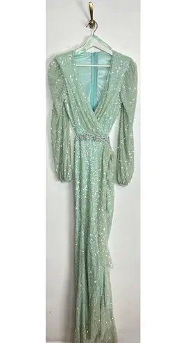 Mac Duggal Sequined Faux Wrap Cut Out Puff Sleeve Gown in Soft Mint Size US 4