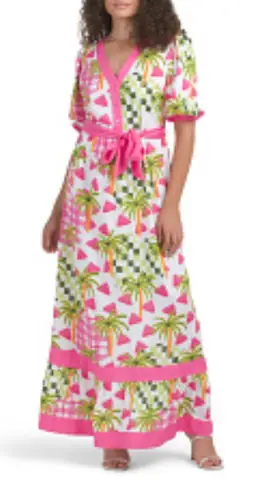 Celina Moon NWT Tiered Short Puff Sleeve Palm Print Maxi Dress size large Pink