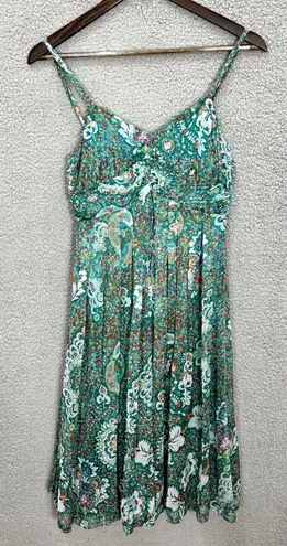 Floral Print Dress Green Sleeveless Sundress Summer Casual Party Size M