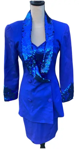 Vintage 90s Electric Blue Sequin Sleeveless Dress And Jacket Set 6