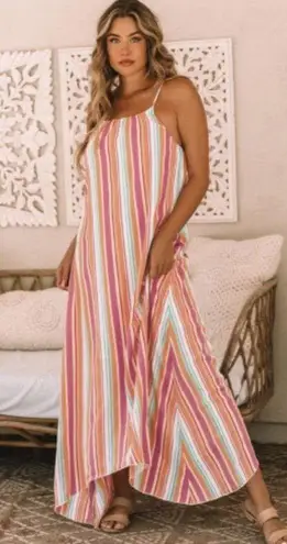 The Lace Daisy NEW Colorful Striped Spaghetti Strap Handkerchief Hem Maxi Dress Size Large