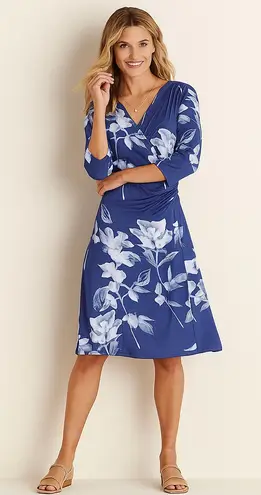 Soft Surroundings Hyannis Blue Floral Faux Wrap Knit Dress Size Petite Small