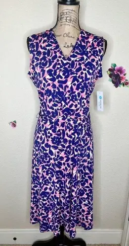 Leota Petals Finnley Faux Wrap Sleeveless Dress in Blue, White & Coral Size L