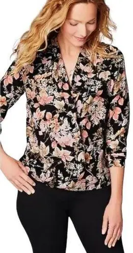 J.Jill  Black Floral Wrap Front Blouse Size XS