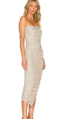 NWT House of Harlow 1960 x Revolve Sage Midi Dress Sequin Strapless Sheath Dress Silver Size M