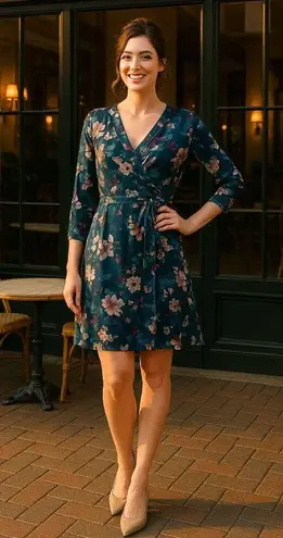 Thalia Sodi Small Teal Floral Wrap Dress Long Sleeve Fall Party Cafecore Look