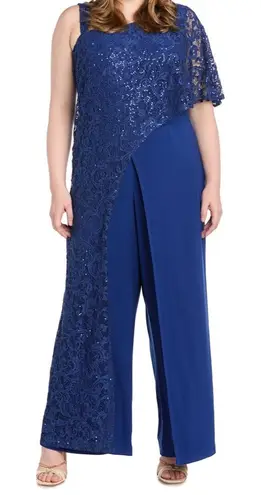 R & M Richards 14P Navy Lace Sequin Jumpsuit One Shoulder Formal Petite Evening