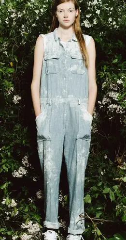 Sea New York Striped Blue Denim Jumpsuit Distressed Size 0 Sleeveless