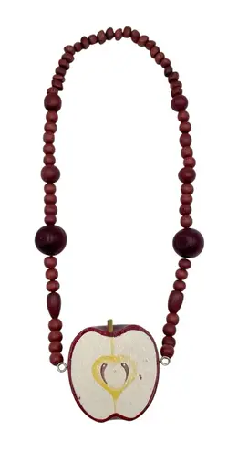 Vintage 90s Wooden Apple Beaded Necklace Teacher Artsy Unique Statement Jewelry Red