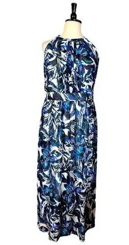Jones Studio New Maxi Dress Halter Neck Pleated Chiffon Blue Multi Women’s 16W